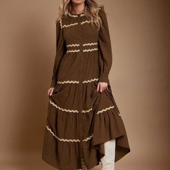 Brown Casual Women's Contrast Trim Crewneck Button Front Corduroy Maxi Dress - Picture 4 of 6
